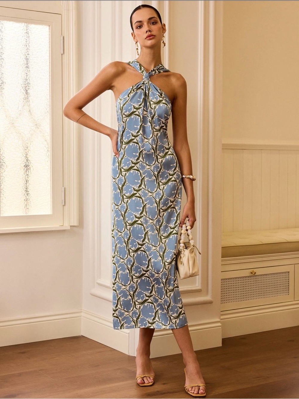 Commense Light Blue Floral Halter Midi Dress